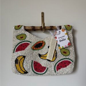 Viral beaded fruit bamboo handle clutch hand bag